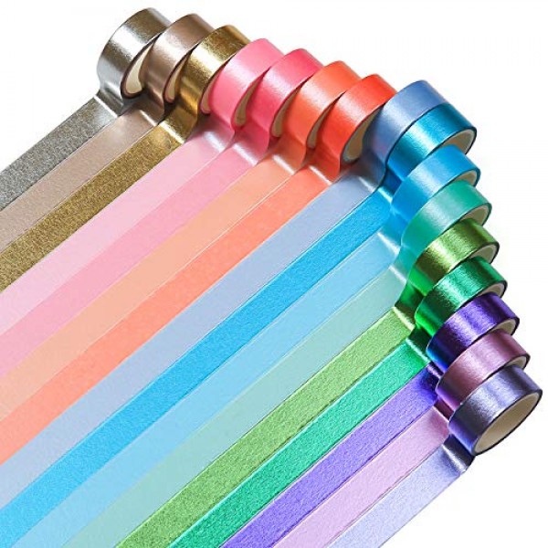 Colored Decorative Washi Tape Set - 16 Rolls Gold Foil Macaron Col...