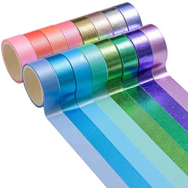 Colored Decorative Washi Tape Set - 16 Rolls Gold Foil Macaron Col...