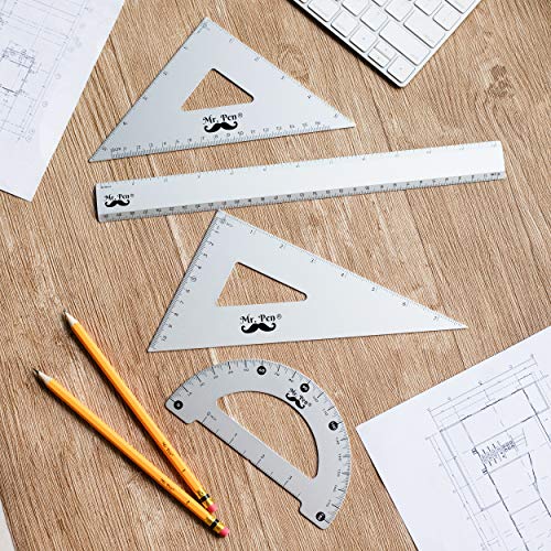 Mr. Pen - Geometry Set, 4 Pack, Metal Protractor, Aluminum Ruler, ...