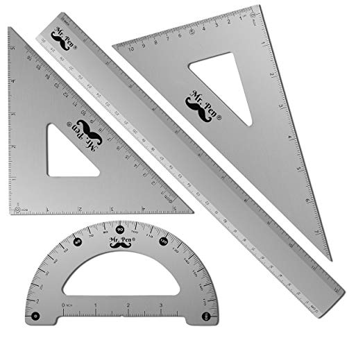 Mr. Pen - Geometry Set, 4 Pack, Metal Protractor, Aluminum Ruler, ...