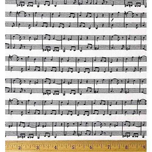 1/2 Yard -Let There Be Music Black Musical Staff Striped on Whit...