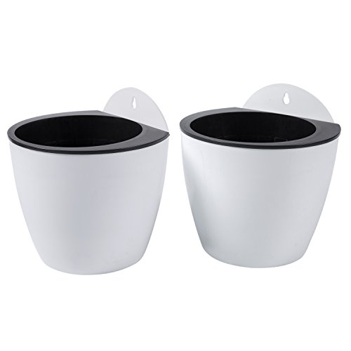 7 inch Wall Mountable Self Watering Planter Pots, White, Set of 2