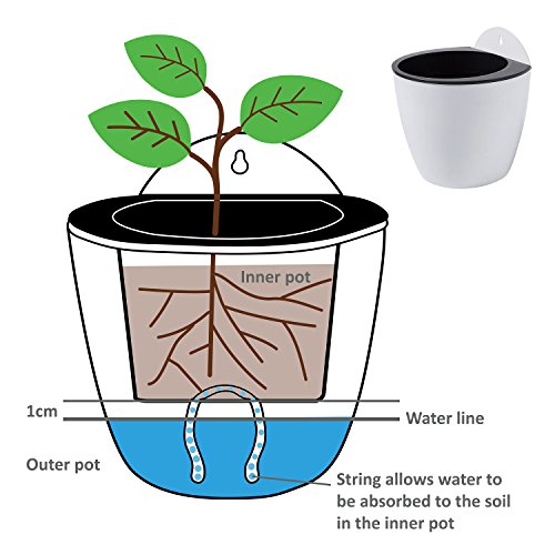 7 inch Wall Mountable Self Watering Planter Pots, White, Set of 2