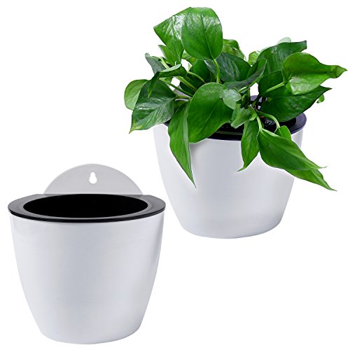 7 inch Wall Mountable Self Watering Planter Pots, White, Set of 2
