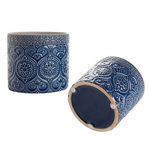 MyGift 4-Inch Cobalt Blue Ceramic Floral Embossed Succulent Plante...
