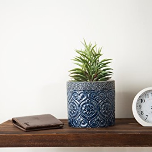 MyGift 4-Inch Cobalt Blue Ceramic Floral Embossed Succulent Plante...