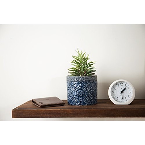 MyGift 4-Inch Cobalt Blue Ceramic Floral Embossed Succulent Plante...