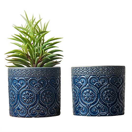 MyGift 4-Inch Cobalt Blue Ceramic Floral Embossed Succulent Plante...