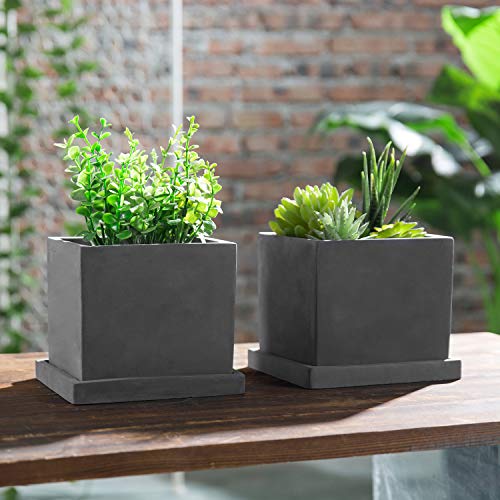 MyGift 5-inch Dark Gray Cement Cube Planters with Removable Trays,...