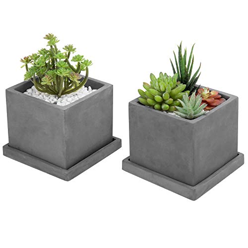 MyGift 5-inch Dark Gray Cement Cube Planters with Removable Trays,...
