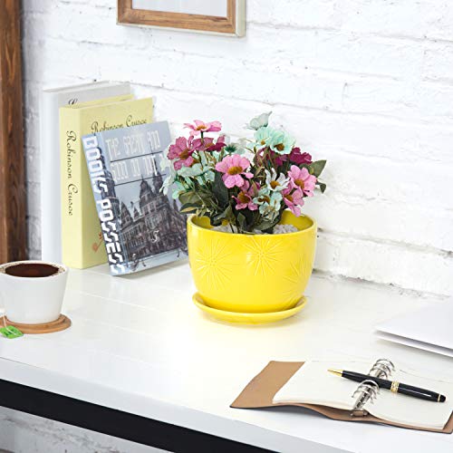MyGift 7 inch Yellow Sunburst Ceramic Flower Pot with Saucer
