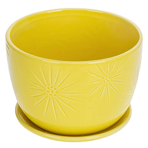 MyGift 7 inch Yellow Sunburst Ceramic Flower Pot with Saucer