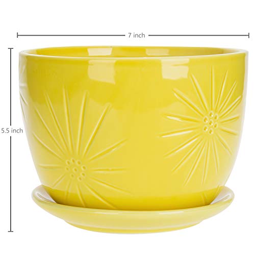 MyGift 7 inch Yellow Sunburst Ceramic Flower Pot with Saucer