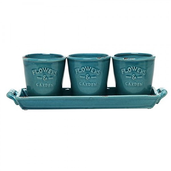 MyGift Set of 3 Country Rustic Turquoise Ceramic Succulent Planter...