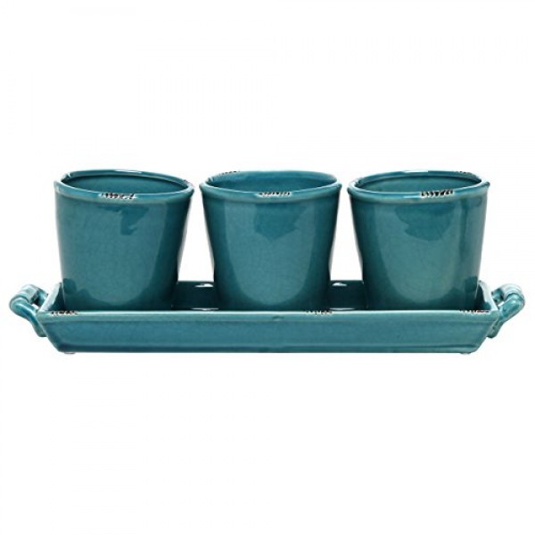 MyGift Set of 3 Country Rustic Turquoise Ceramic Succulent Planter...