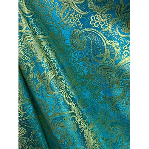 Cpvstore Turquoise Blue Gold Metallic Paisley Brocade Fabric 60 I...