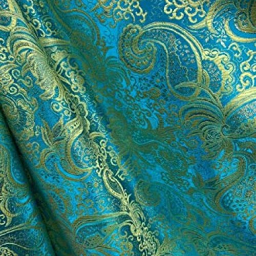 Cpvstore Turquoise Blue Gold Metallic Paisley Brocade Fabric 60 I...