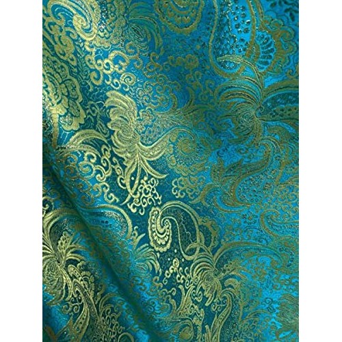 Cpvstore Turquoise Blue Gold Metallic Paisley Brocade Fabric 60 I...