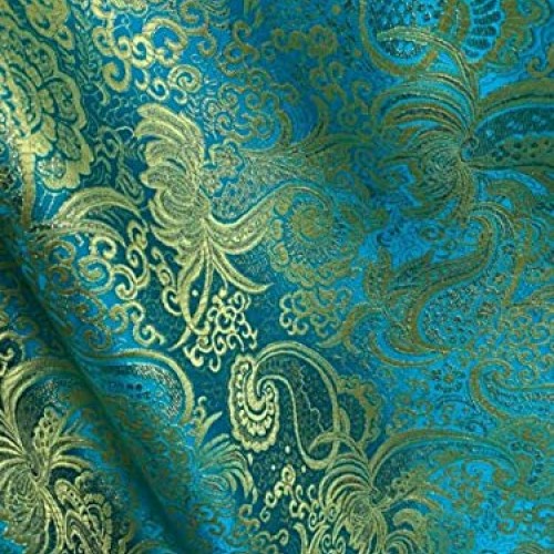 Cpvstore Turquoise Blue Gold Metallic Paisley Brocade Fabric 60 I...