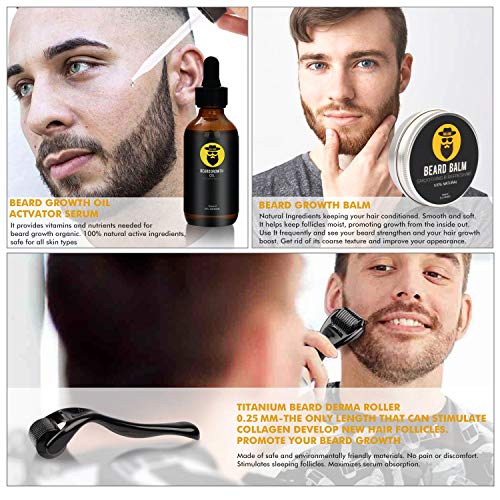 Beard Growth Kit - Derma Roller, Serum Oil 2oz, Balm and Comb, S...