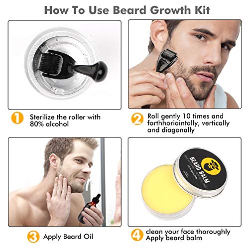 Beard Growth Kit - Derma Roller, Serum Oil 2oz, Balm and Comb, S...