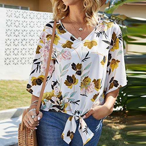 NANTE Top Womens Blouses V-Neck Floral Print Short Sleeve Loose T...