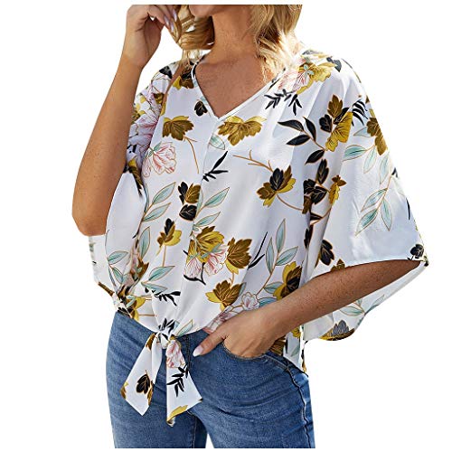 NANTE Top Womens Blouses V-Neck Floral Print Short Sleeve Loose T...
