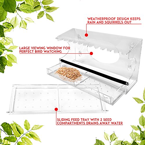 Window Bird Feeder - 2018 Model - Extended Roof - Steel Perch - Sl...
