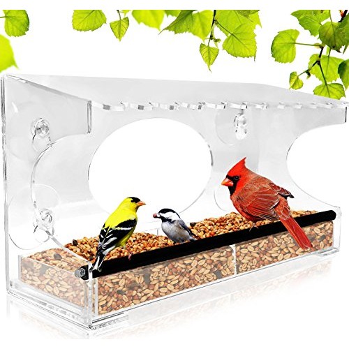 Window Bird Feeder - 2018 Model - Extended Roof - Steel Perch - Sl...
