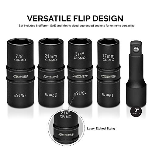Neiko 02282B 1/2 Drive Impact Flip Socket Set, 5 Piece Thin Wall ...