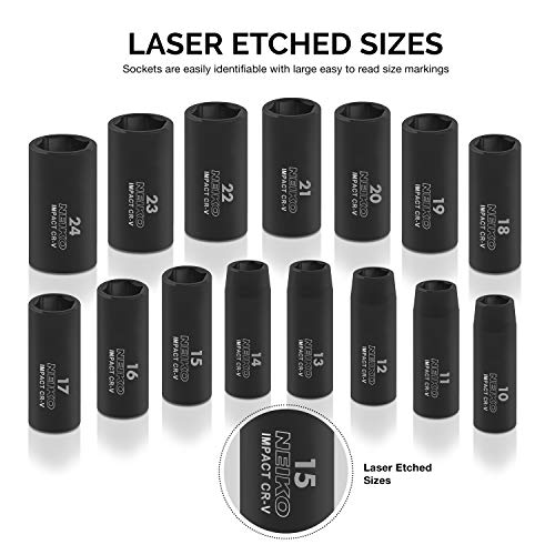 Neiko 02474A 1/2 Drive Deep Impact Socket Set, 15 Piece | 6 Point...