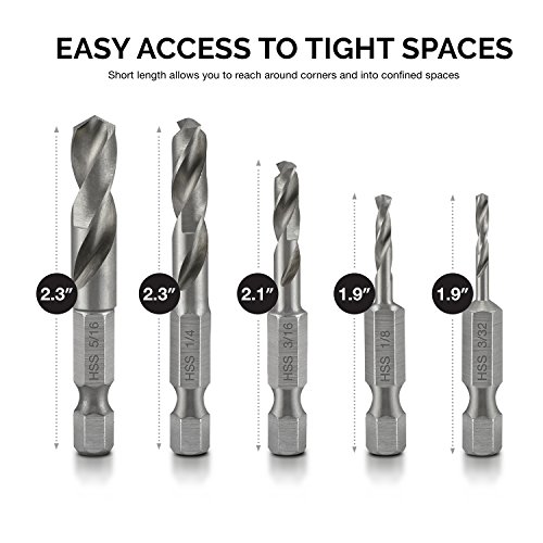 NEIKO 11402A Stubby Drill Bit Set for Metal, 5 Piece | 1/4 Inch Qu...