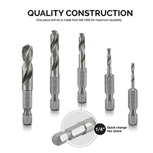 NEIKO 11402A Stubby Drill Bit Set for Metal, 5 Piece | 1/4 Inch Qu...
