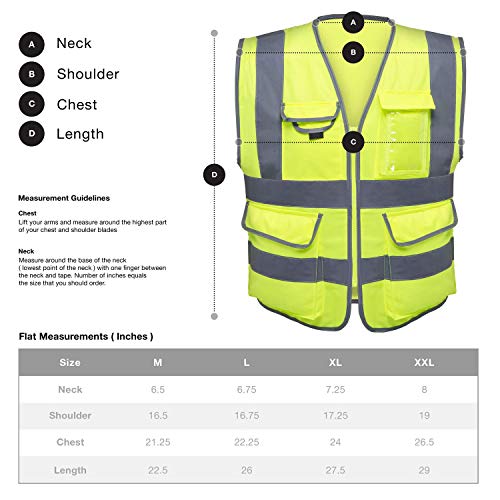 NEIKO 53995A High Visibility Safety Vest with 7 Pockets and Zipper...