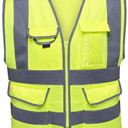 NEIKO 53995A High Visibility Safety Vest with 7 Pockets and Zipper...