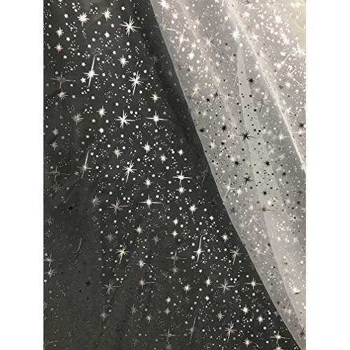 Starburst Silver Foil on White Sheer Organza Fabric by The Yard