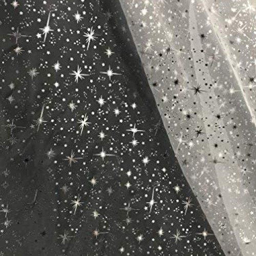 Starburst Silver Foil on White Sheer Organza Fabric by The Yard