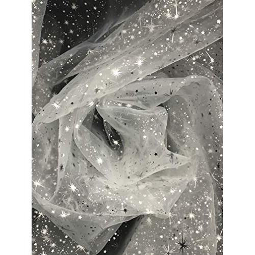 Starburst Silver Foil on White Sheer Organza Fabric by The Yard