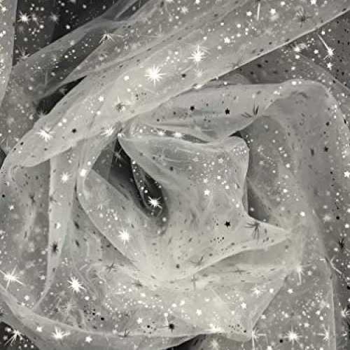 Starburst Silver Foil on White Sheer Organza Fabric by The Yard