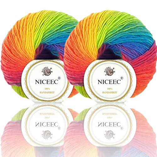 2 Skeins Rainbow Soft Yarn 100% Wool Gradient Multi Color Yarn for...