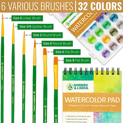 Watercolor Paint Set - 36 Premium Paints - 12 Page Pad - 6 Brushes...