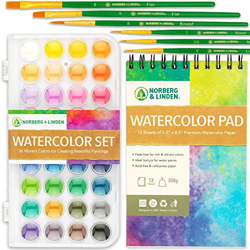 Watercolor Paint Set - 36 Premium Paints - 12 Page Pad - 6 Brushes...