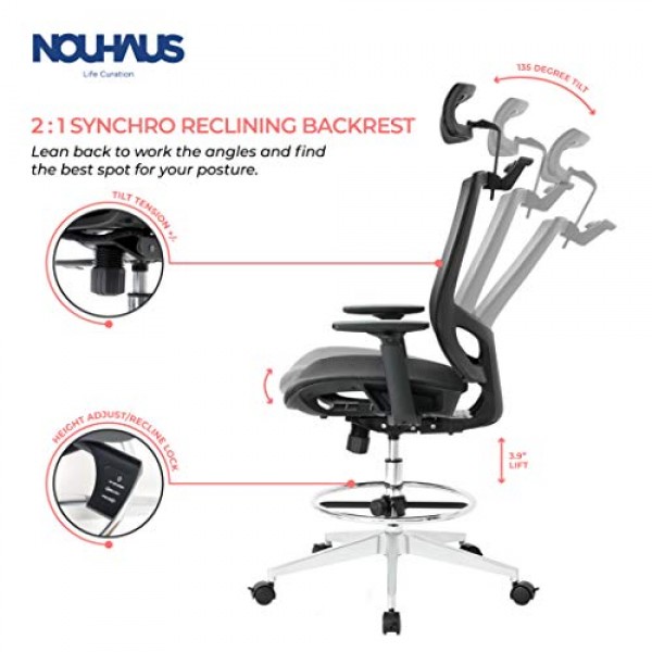 NOUHAUS ErgoDraft Drafting Chair, Tall Office Chair, Shop Stool Ch...