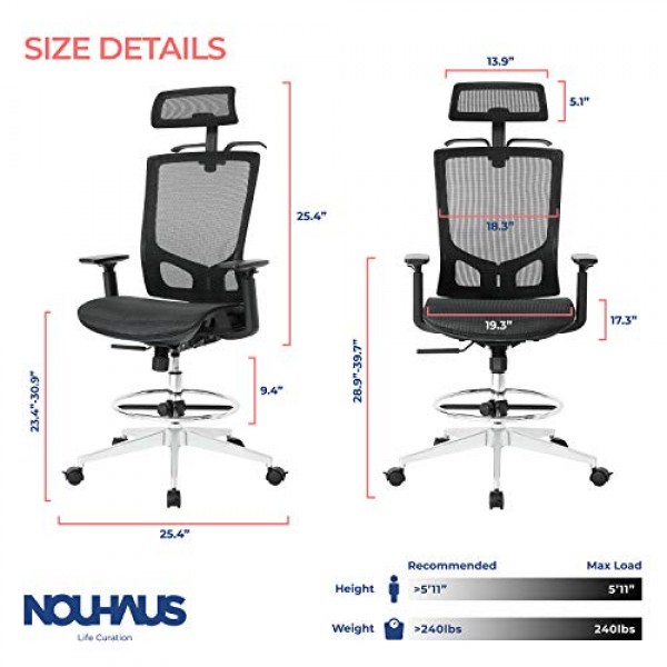 NOUHAUS ErgoDraft Drafting Chair, Tall Office Chair, Shop Stool Ch...