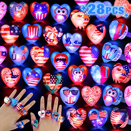NPET 28Pcs 4th of July Light Up Rings for Kids Party Favors Heart ...