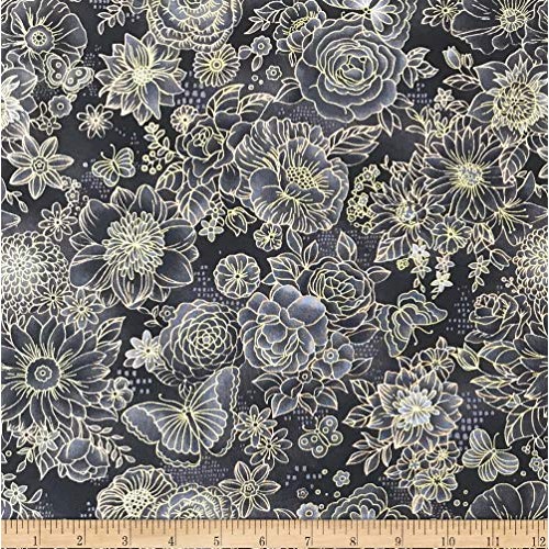 Intrigue Floral Black with Gold Metallic Fabric by The Yard