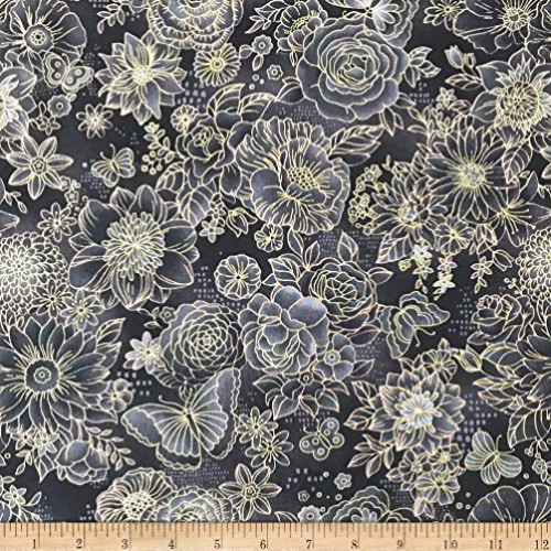 Intrigue Floral Black with Gold Metallic Fabric by The Yard