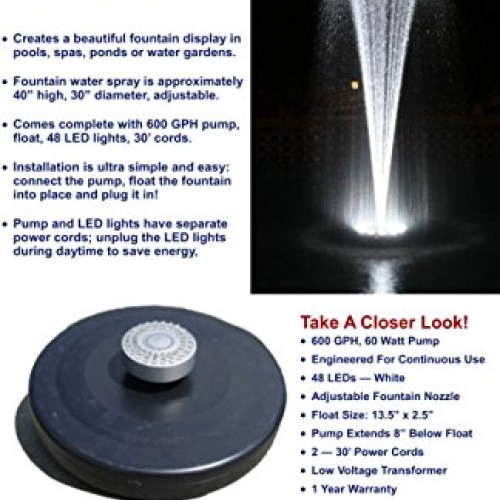 Ocean Mist Small Floating Fountain with 48 White LED Lights and 60...