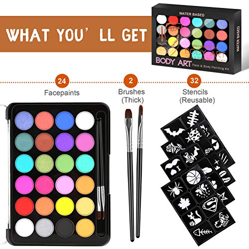 Face Paint Kit for Kids - 32 Stencils, 24 Large Water Based Paints...