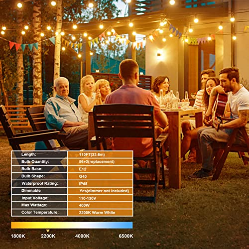 OHLUX Outdoor String Lights,110FT Dimmable Patio Lights with 58 G4...